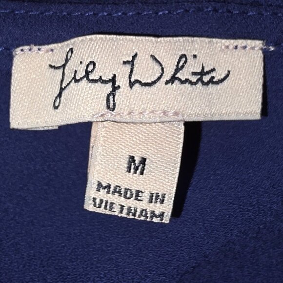 Lily White Blouse Size Medium Navy Blue Chiffon V Neck Dark Fairy Sheer Pocket - Picture 2 of 9